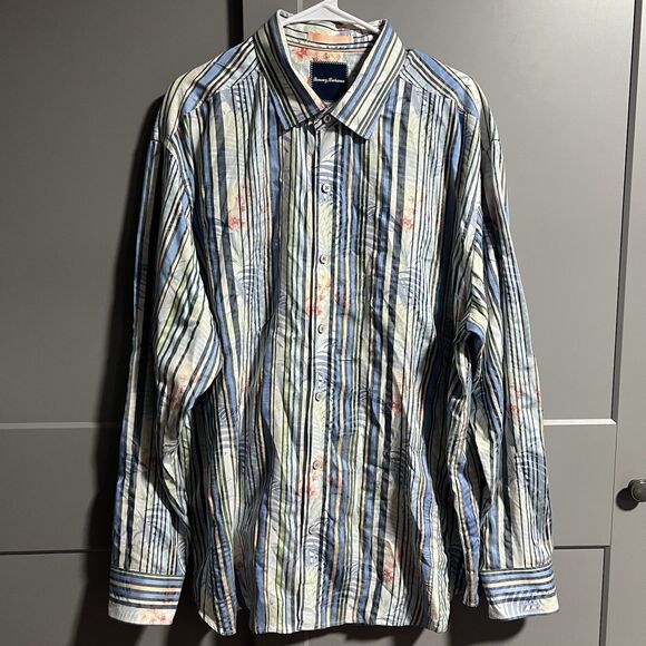 Tommy Bahama Men Long Sleeve Button Front Floral Stripe Shirt Multicolor 2XL - Picture 1 of 6